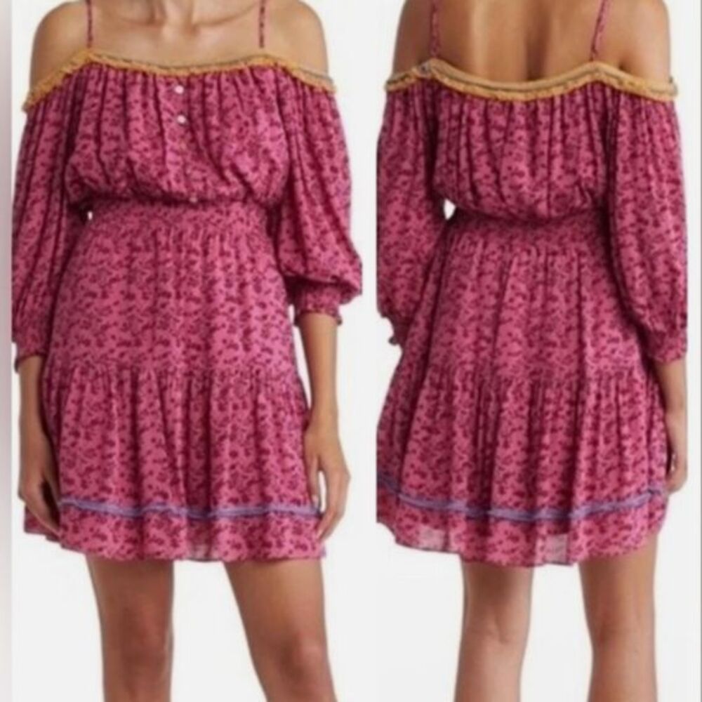 Betsey Johnson Large Rose Pink Mini Dress Boho Pompoms